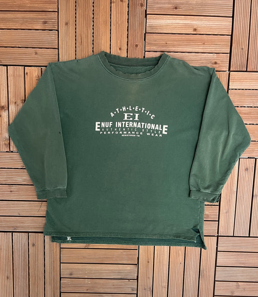 Enuf Internationale Performance Wear Graphic Crewneck | Size Large | Vintage 1990s Branded Long Sleeve Green Sweater | Free Shipping to USA|