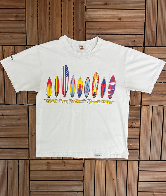 Pray For Surf - Hawaii Graphic Tee | Size Medium | Vintage 1990s Promotional Tourist White T-Shirt | Made in USA | Free Shipping to USA |