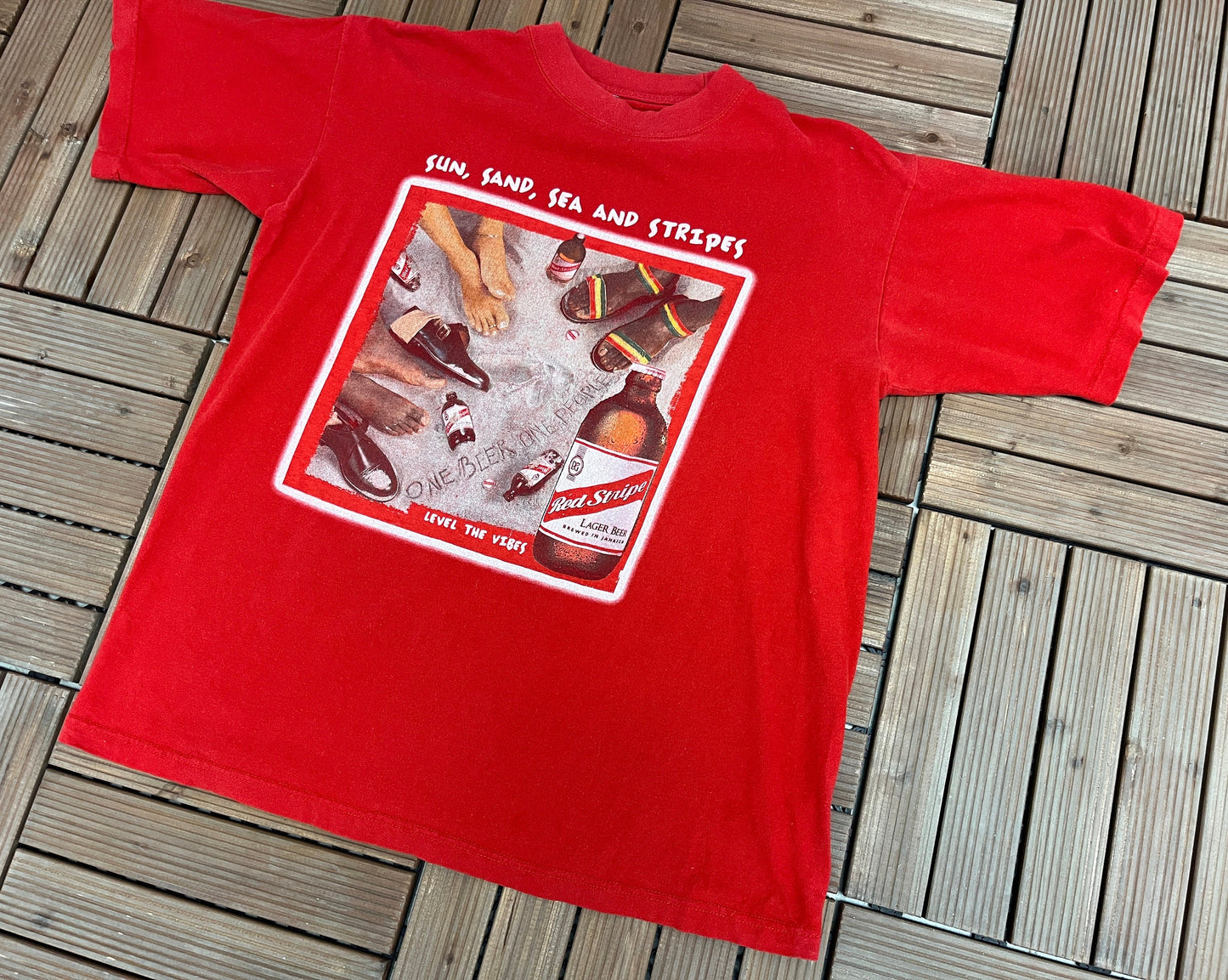 Red Stripe Level The Vibes Graphic Tee | Size X-Large | Vintage 1990s Alcohol Beer Promotional Red T-Shirt | Free Shipping to USA|