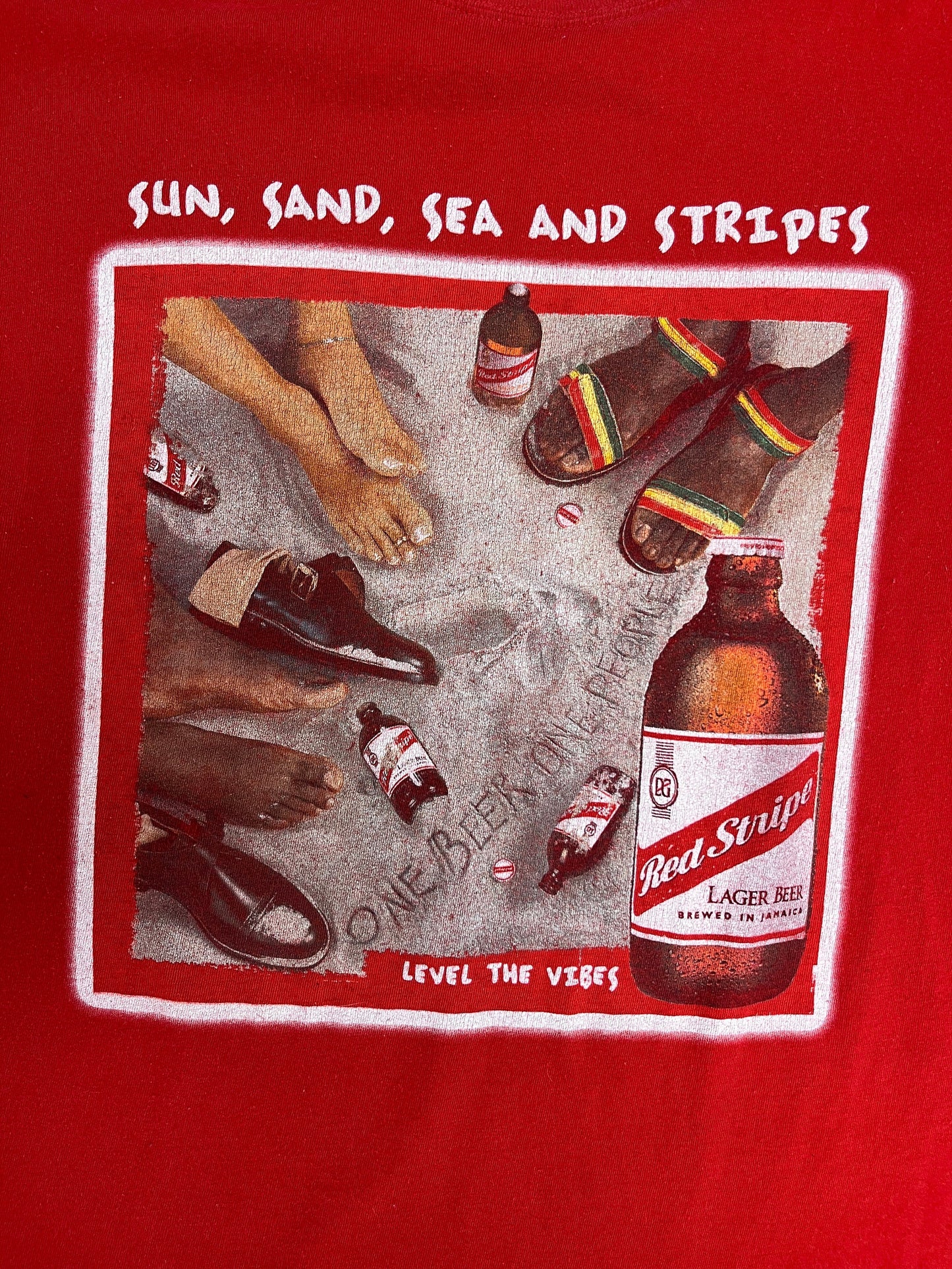 Red Stripe Level The Vibes Graphic Tee | Size X-Large | Vintage 1990s Alcohol Beer Promotional Red T-Shirt | Free Shipping to USA|