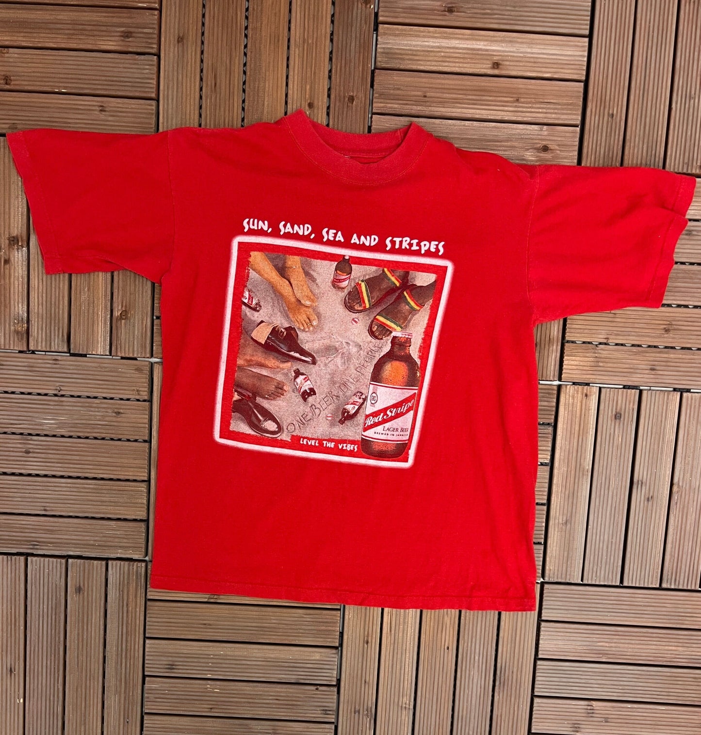 Red Stripe Level The Vibes Graphic Tee | Size X-Large | Vintage 1990s Alcohol Beer Promotional Red T-Shirt | Free Shipping to USA|