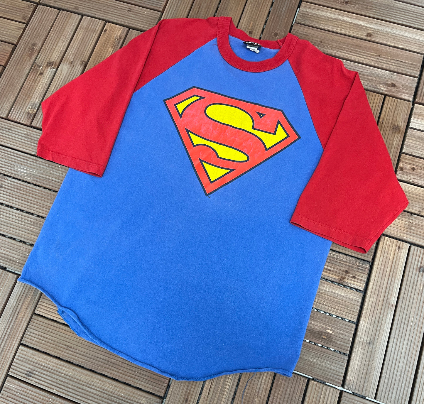 Superman Logo Baseball Style Graphic Tee | SizeX- Large | Vintage 2000s Blue Promotional Comic Superhero T-Shirt | Free Shipping to USA |