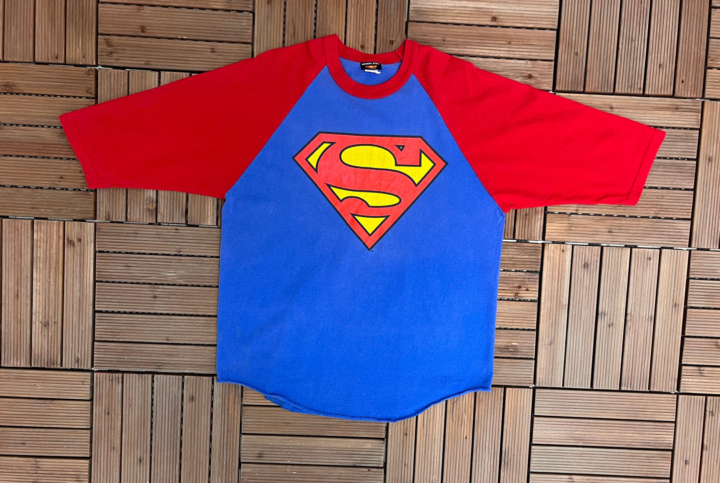 Superman Logo Baseball Style Graphic Tee | SizeX- Large | Vintage 2000s Blue Promotional Comic Superhero T-Shirt | Free Shipping to USA |