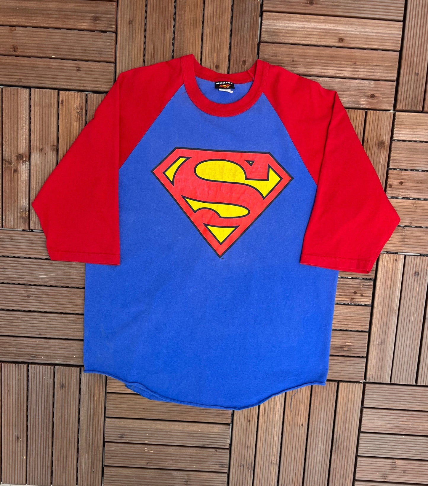 Superman Logo Baseball Style Graphic Tee | SizeX- Large | Vintage 2000s Blue Promotional Comic Superhero T-Shirt | Free Shipping to USA |