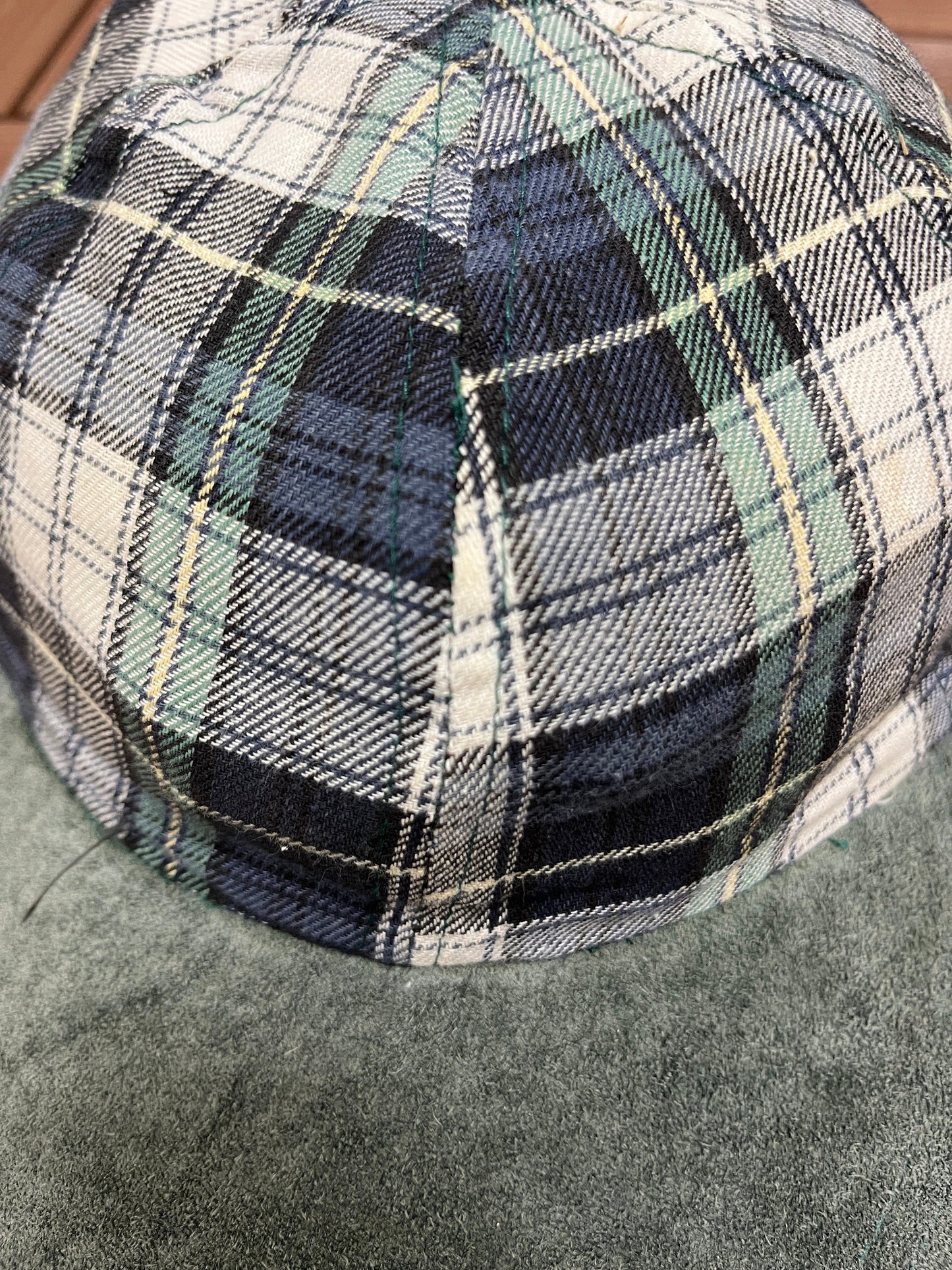 Plaid & Suede Hat | Size is Adjustable With Leather Strap Back | Vintage 1990s White, Blue, Green Hat | Free Shipping to USA |