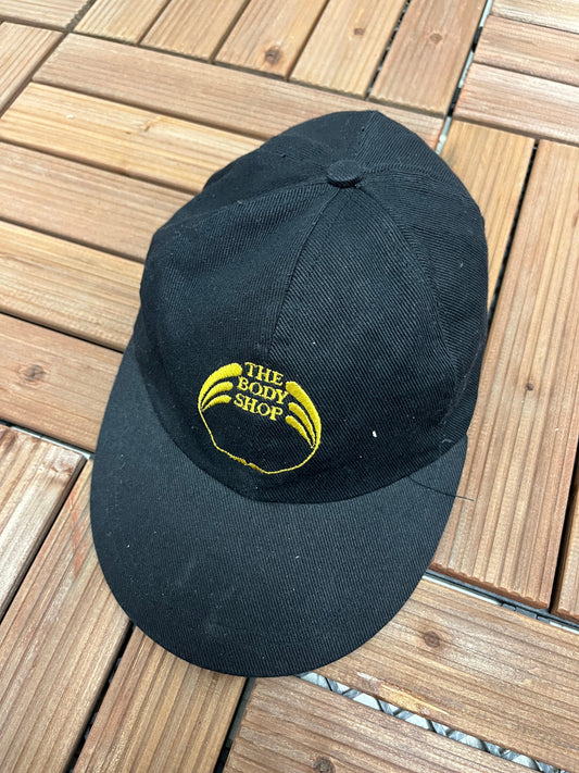 The Body Shop Stitched Graphic Hat | Adjustable With Leather Strap Back | Vintage 1990s Promotional Black Cap | Free Shipping to USA |