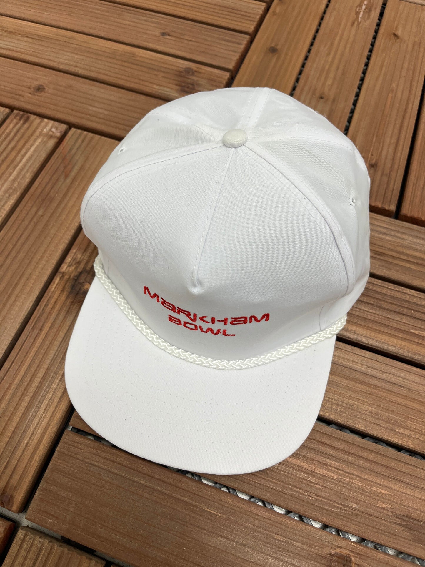 Markham Bowl Embroidered Graphic Hat | Adjustable With Metal Clasp | Vintage 1990s Promotional White Cap | Free Shipping to USA |