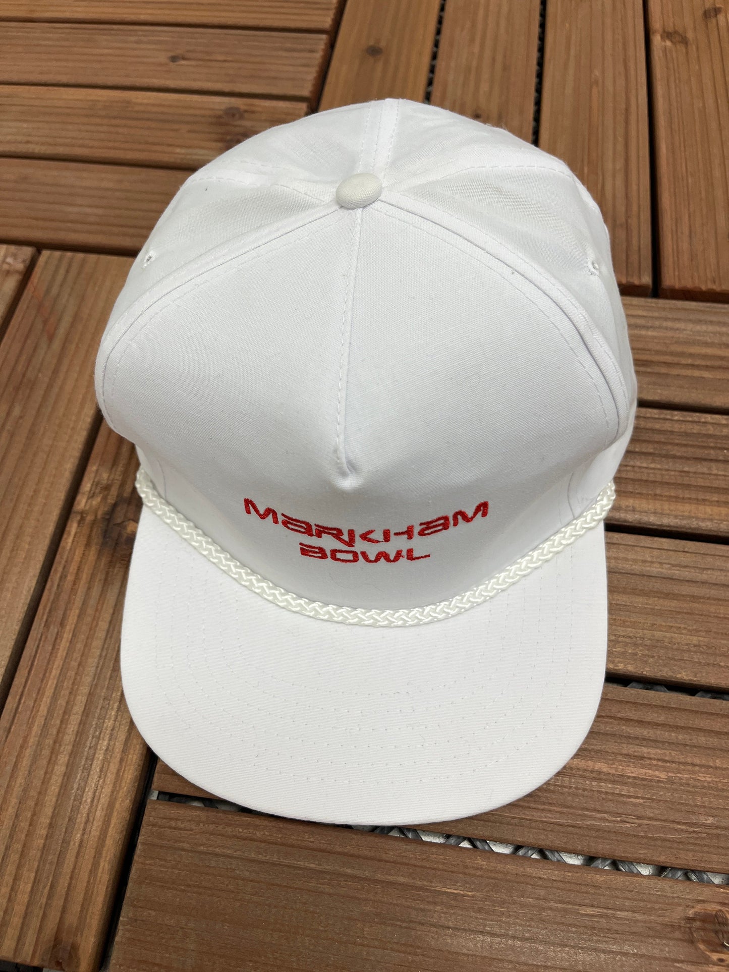 Markham Bowl Embroidered Graphic Hat | Adjustable With Metal Clasp | Vintage 1990s Promotional White Cap | Free Shipping to USA |