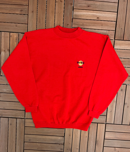 Hard Rock Cafe London Embroidered Graphic Crewneck | Size Large | Vintage 1990s Promotional Collectors Red Sweater | Free Shipping to USA |