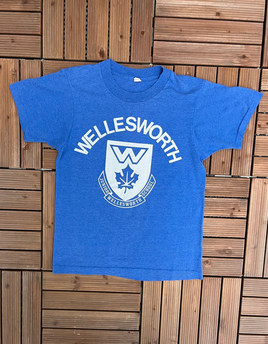 Wellesworth Junior Public School Graphic Tee | Size Small | Vintage 1990s Single Stitch Blue T-Shirt | Made in Canada |Free Shipping to USA|