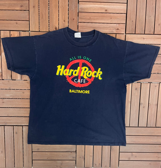 Hard Rock Cafe Baltimore Graphic Tee | Size X-Large | Vintage 1990s Promotional Collectors Blue T-Shirt | Made in USA |