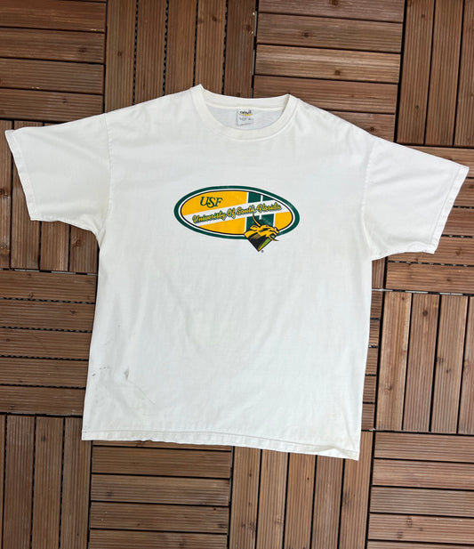 University of South Florida Bulls Graphic Tee | Size X-Large | Vintage 2000s College Sports White T-Shirt | Free Shipping to USA|