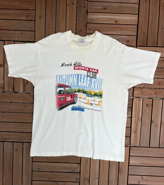 North Hills Sports Car Club Autumn Leaf XVIII Graphic Tee | Size X-Large | Vintage 1990s Single Stitch White T-Shirt | Free Shipping to USA|