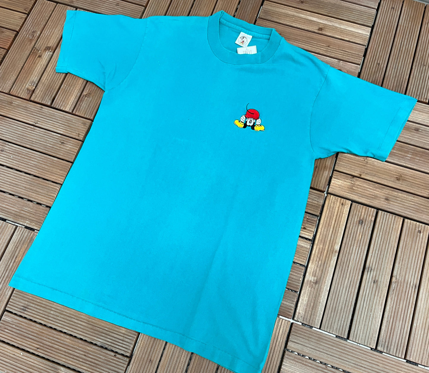 Mickey Mouse Embroidered Graphic Tee | Size X-Large | Vintage 1990s Single Stitch Disney Promotional Teal T-Shirt | Free Shipping to USA |