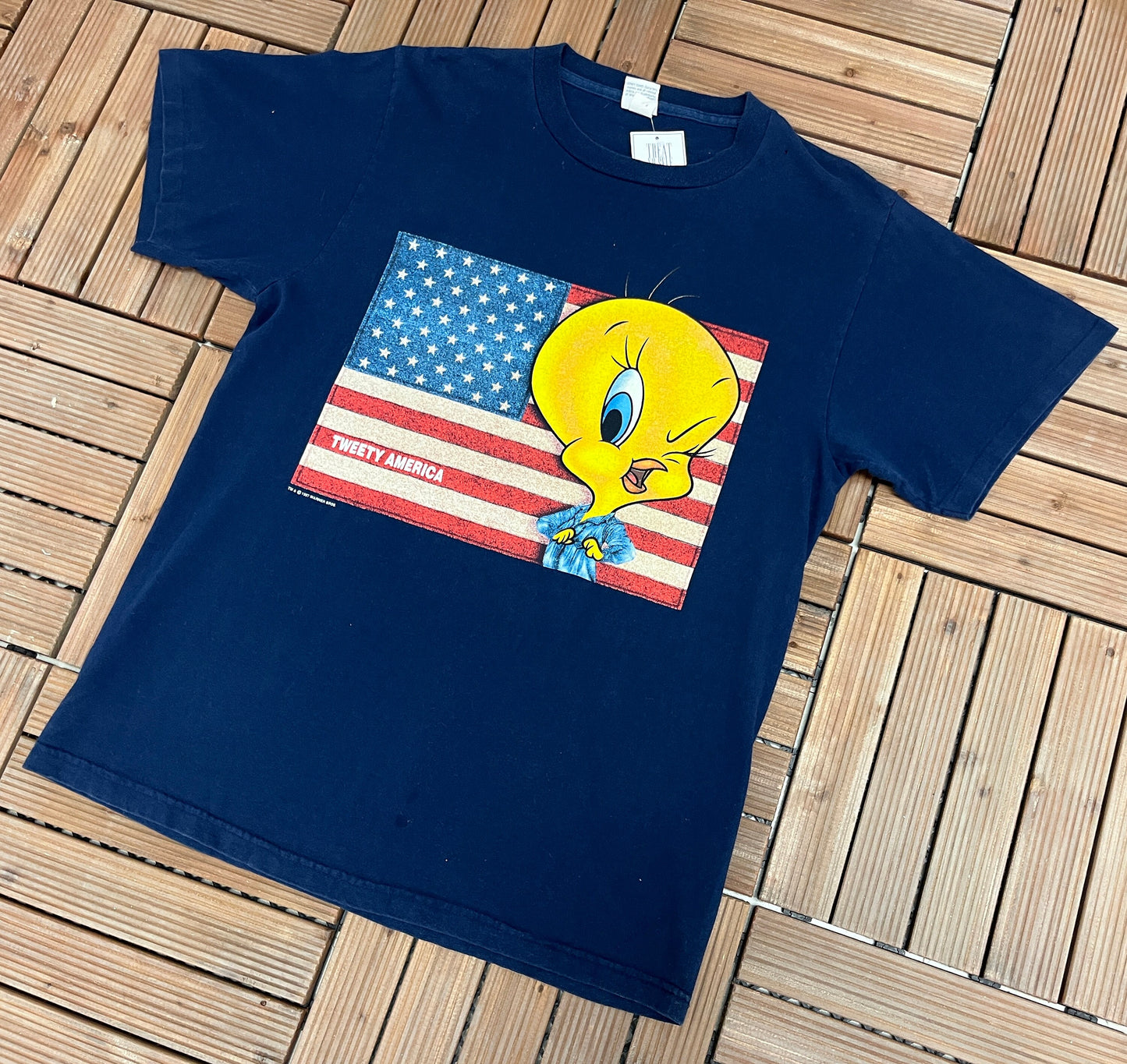 Tweety Bird America Graphic Tee | Size Large | Vintage 1990 Looney Tunes Promotional Blue T-Shirt | Made in USA | Free Shipping to USA |