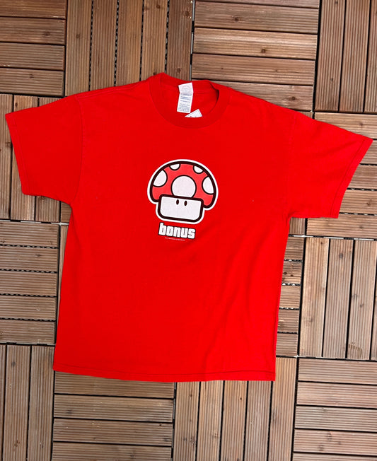 Mario Kart Mushroom Bonus Graphic Tee | Size Large | Vintage 2000s Nintendo Video Game Promotional Red T-Shirt | Free Shipping to USA|