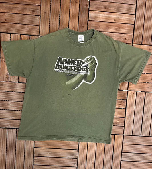 Armed & Dangerous Bible Graphic Tee | Size X-Large | Vintage 2000s Christian Green T-Shirt | 2 Corinthians 10:4 | Free Shipping to USA |