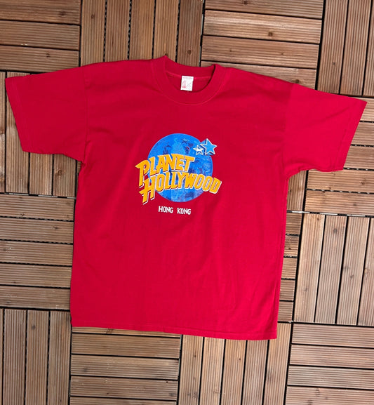 Planet Hollywood Hong Kong Graphic Tee | Size X-Large | Vintage 1990s Tourist Collectors Pink Red T-Shirt  | Free Shipping to USA |