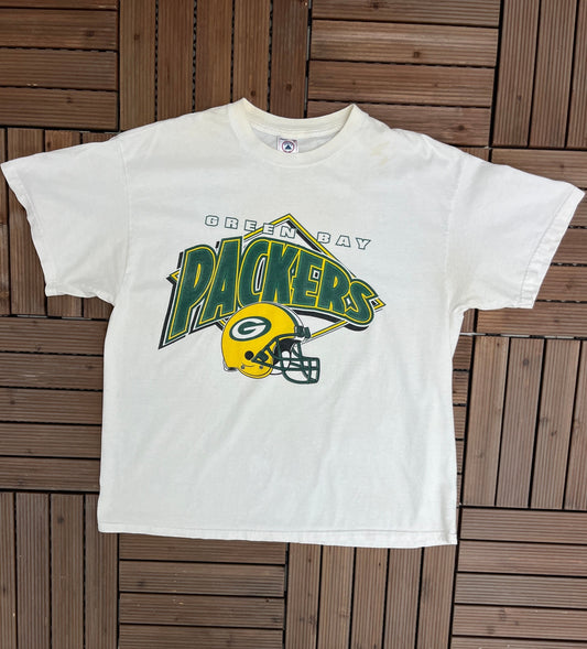 Green Bay Packers Graphic Tee | Size X-Large | Vintage 1990s NFL Football White T-Shirt | Free Shipping to America |