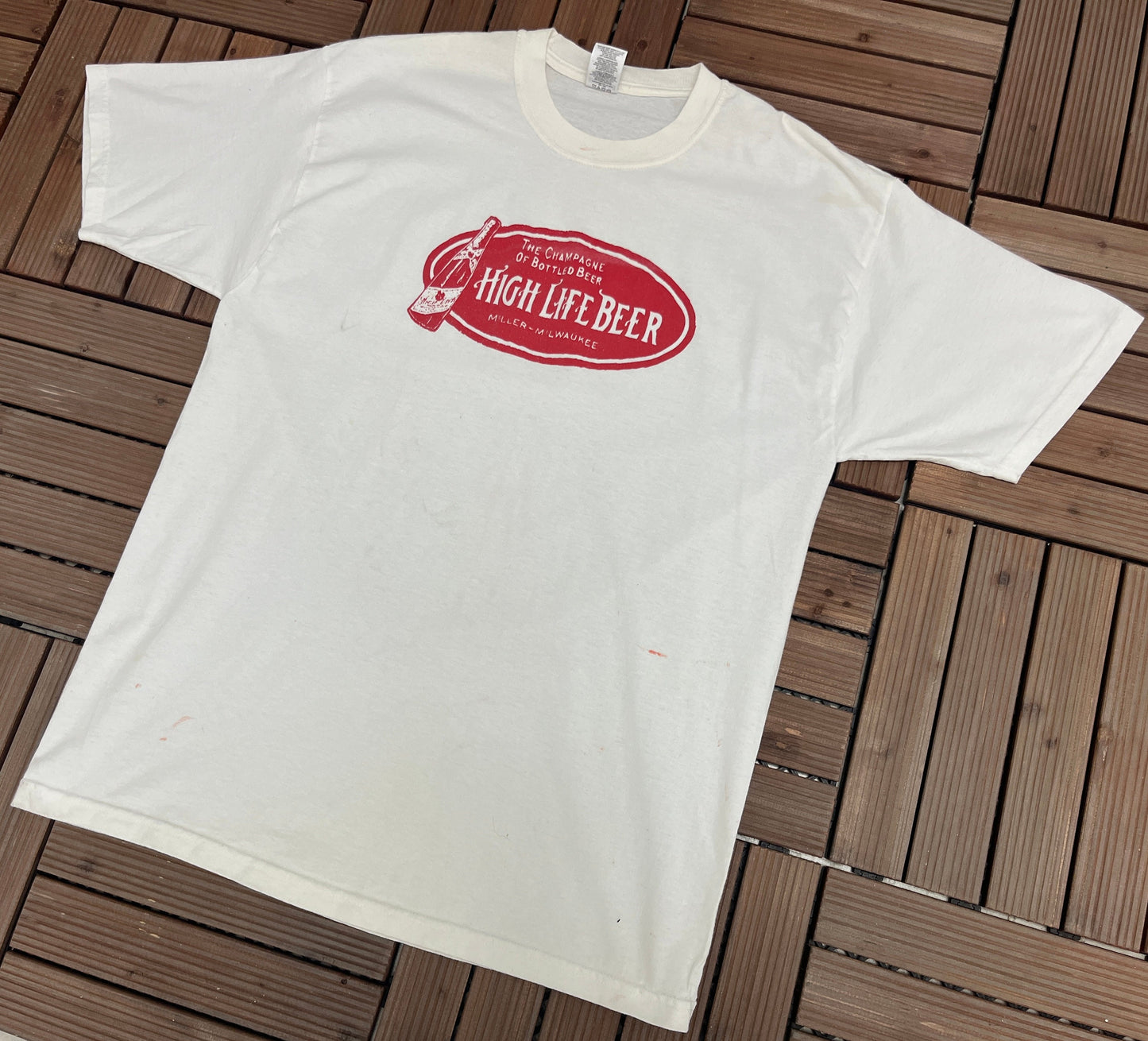 Miller High Life Beer Graphic Tee | Size X-Large | Vintage 2000s White Alcohol Promotional T-Shirt | Free Shipping to USA |