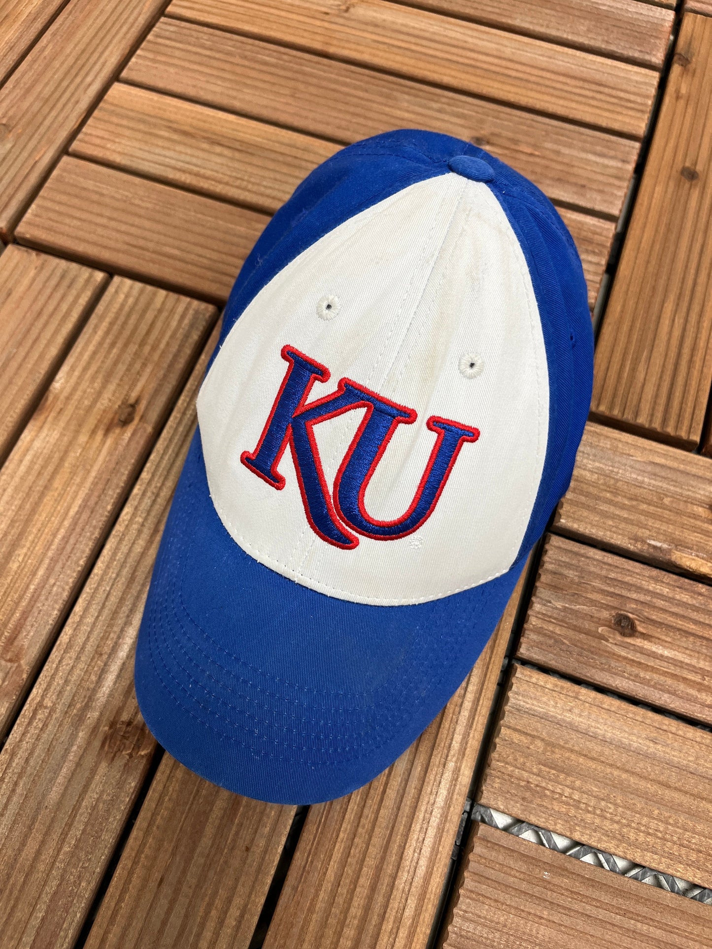 Kansas Jayhawks Embroidered Graphic Hat | Adjustable With Strap Back | Vintage 2000s White & Blue College Cap | Free Shipping to USA |