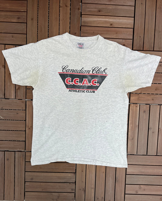 Canadian Club Athletic Club Graphic Tee | Size Large | Vintage 1990s Single Stitch Promotional Grey T-Shirt | Free Shipping to USA |