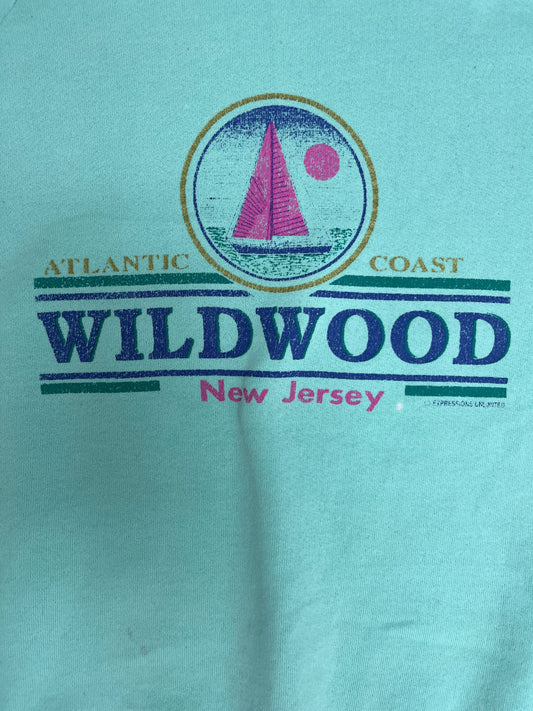 Wildwood, New Jersey Graphic Crewneck | Size Large | Vintage 1980s Tourist Promotional Blue Sweater | Made in USA | Free Shipping to USA |