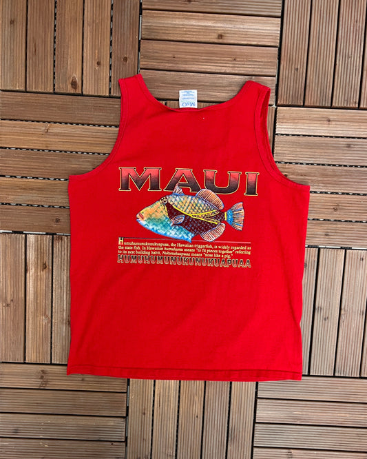 Maui Humuhumunukunukuapua Graphic Tee | Size Large | Vintage 2000s Promotional Tourist Red Tank Top T-Shirt | Free Shipping to USA |