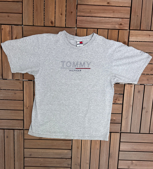 Tommy Hilfiger Spell Out Graphic Tee | Size Large | Vintage 1990s Branded Grey T-Shirt | Made in USA | Free Shipping to USA |