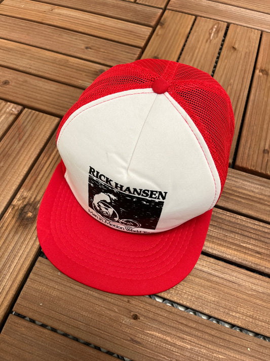 Rick Hansen Man In Motion World Tour Graphic Hat | Adjustable With Snap Back | Vintage 1990s Trucker Red & White Cap | Free Shipping to USA|