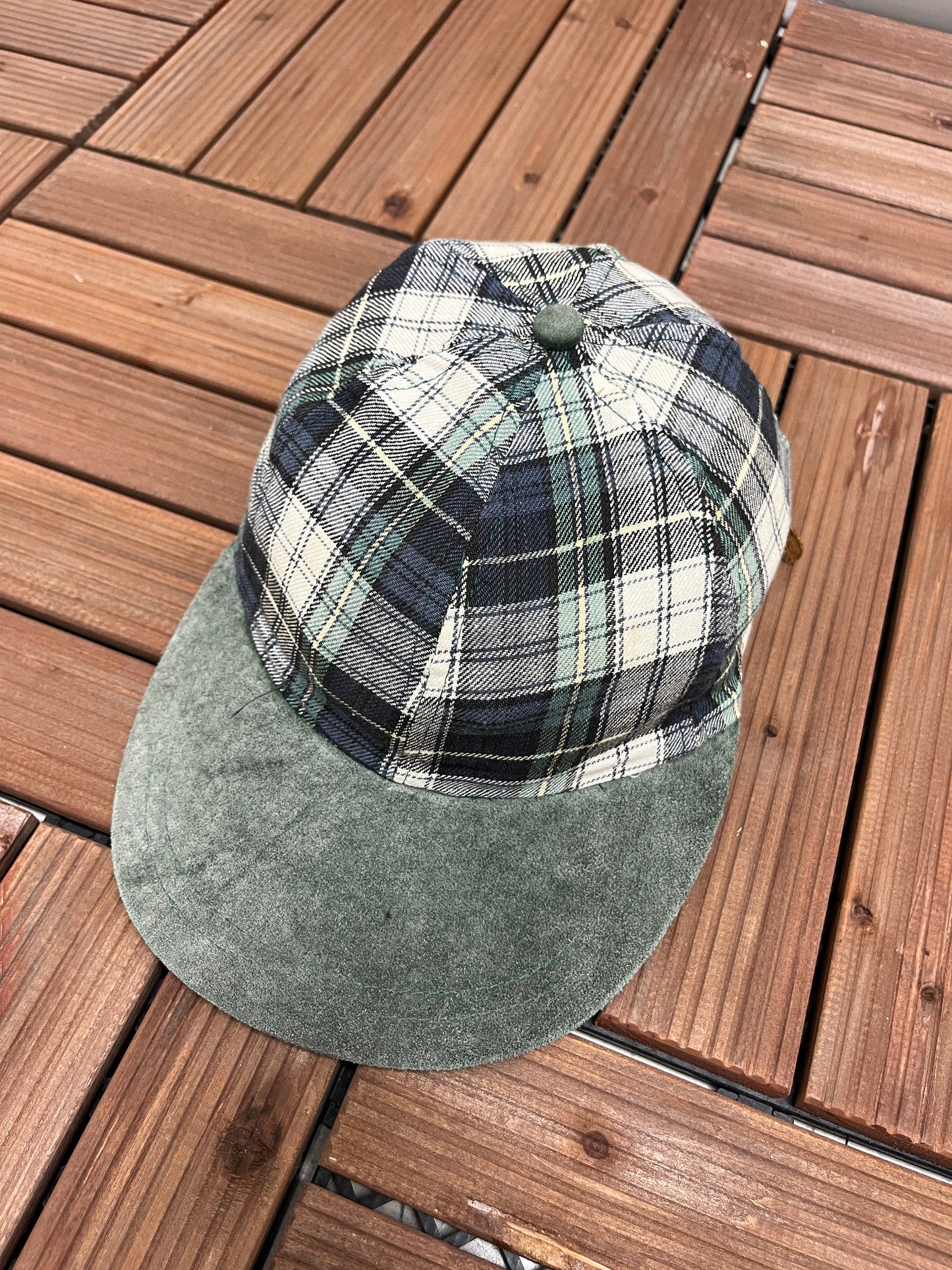 Plaid & Suede Hat | Size is Adjustable With Leather Strap Back | Vintage 1990s White, Blue, Green Hat | Free Shipping to USA |