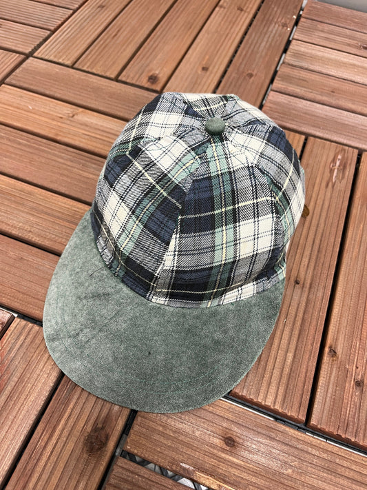 Plaid & Suede Hat | Size is Adjustable With Leather Strap Back | Vintage 1990s White, Blue, Green Hat | Free Shipping to USA |