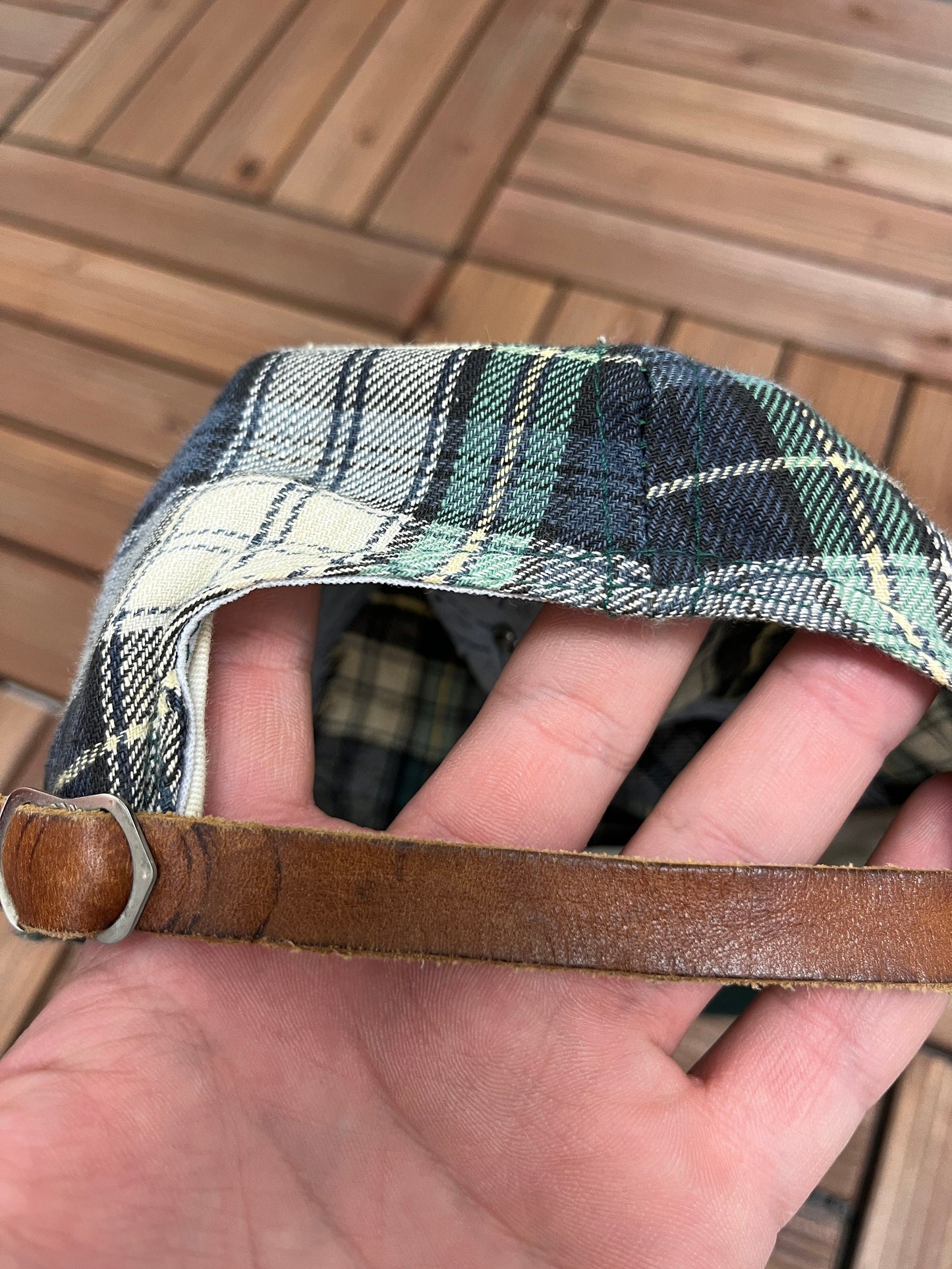 Plaid & Suede Hat | Size is Adjustable With Leather Strap Back | Vintage 1990s White, Blue, Green Hat | Free Shipping to USA |