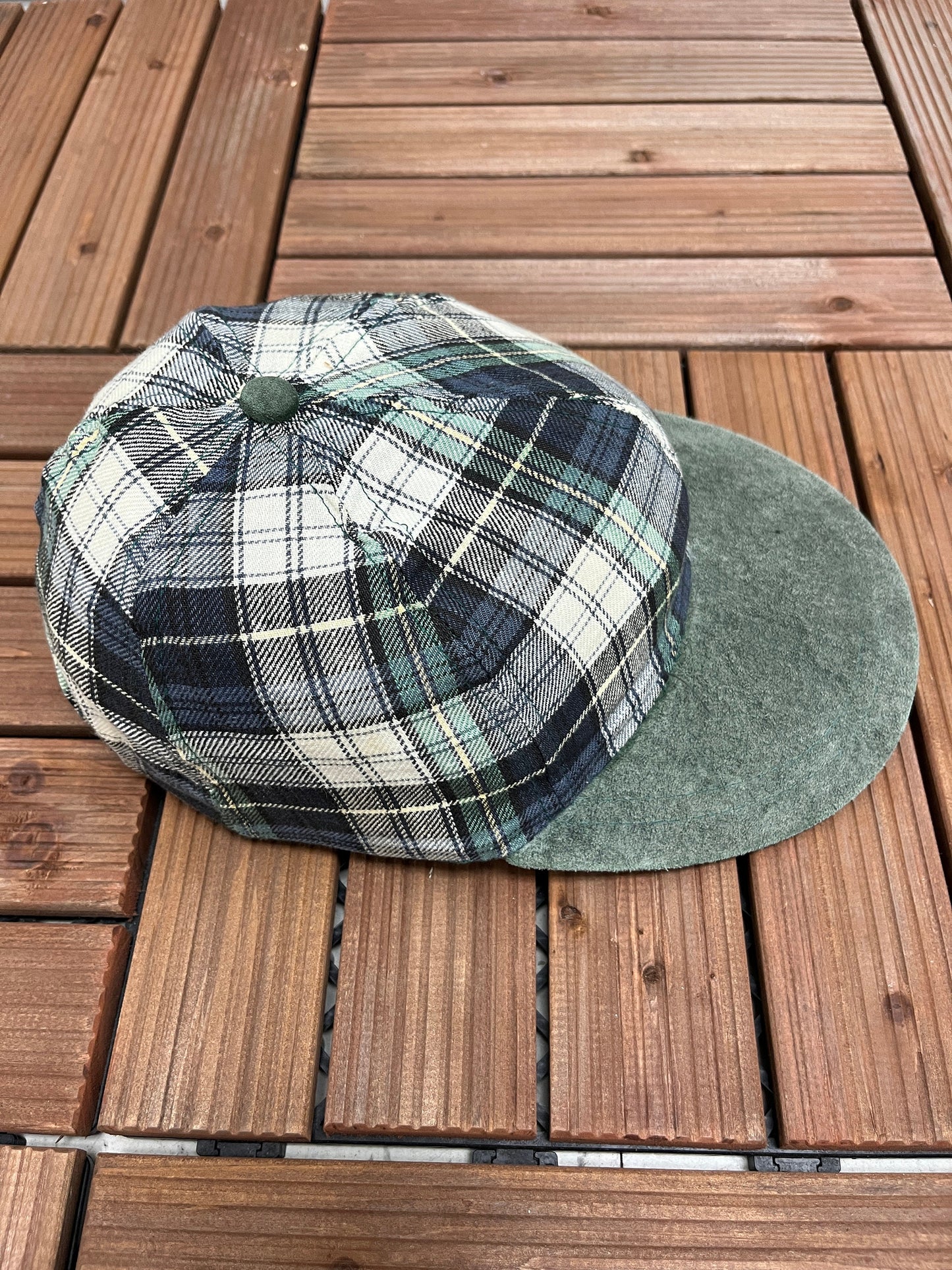 Plaid & Suede Hat | Size is Adjustable With Leather Strap Back | Vintage 1990s White, Blue, Green Hat | Free Shipping to USA |