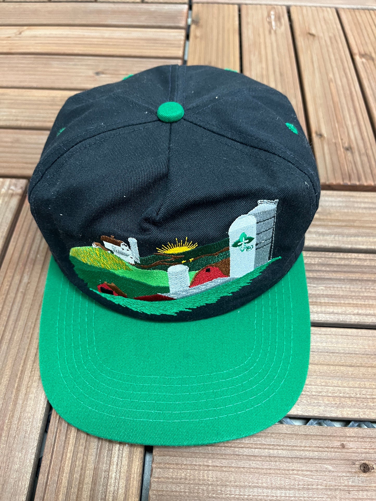 Farm Credit Scenic Embroidered Graphic Hat | Adjustable With Snap Back | Vintage 1990s Tourist Black & Green Cap | Free Shipping to USA |