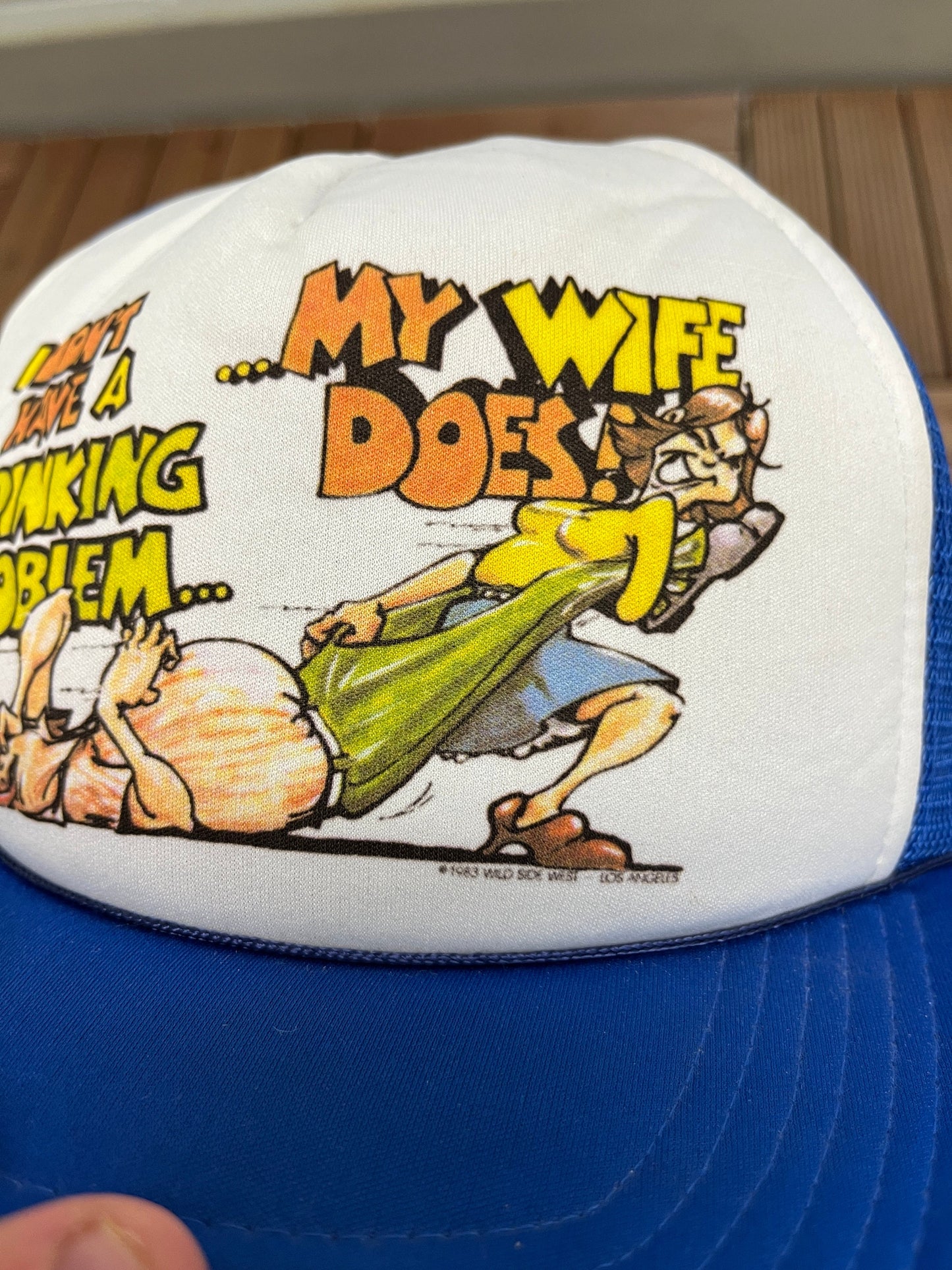 I Don't Have A Drinking Problem... My Wife Does! Graphic Hat | Adjustable With Snap Back | Vintage 1980s Funny Trucker White Cap |