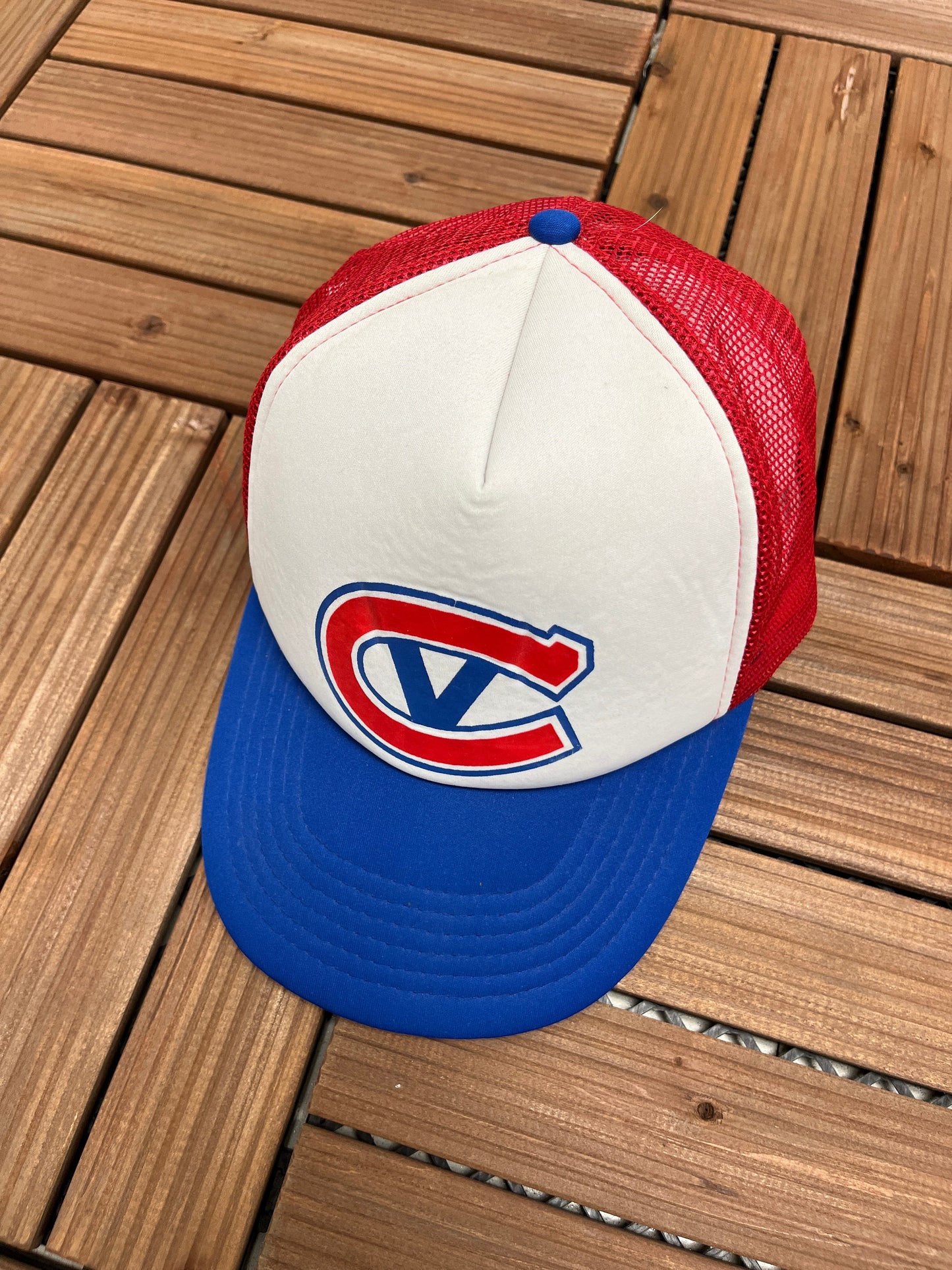 Canadiens Graphic Trucker Hat | Adjustable With Snap Back | Vintage 1990s Minor Hockey Promotional White Cap | Free Shipping to USA |