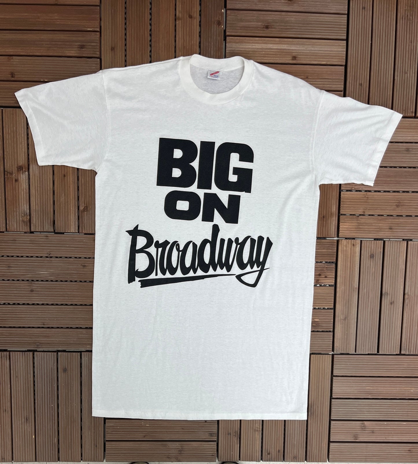 Big On Broadway Graphic Tee | One Size Fits All | Vintage 1990s Made in USA Promotional Long White T-Shirt |