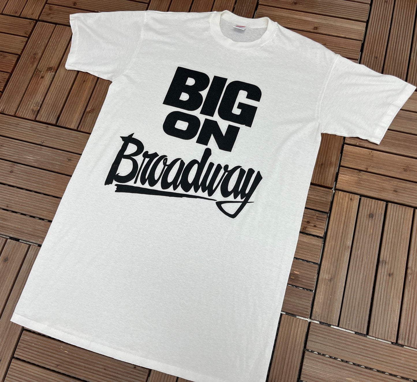 Big On Broadway Graphic Tee | One Size Fits All | Vintage 1990s Made in USA Promotional Long White T-Shirt |