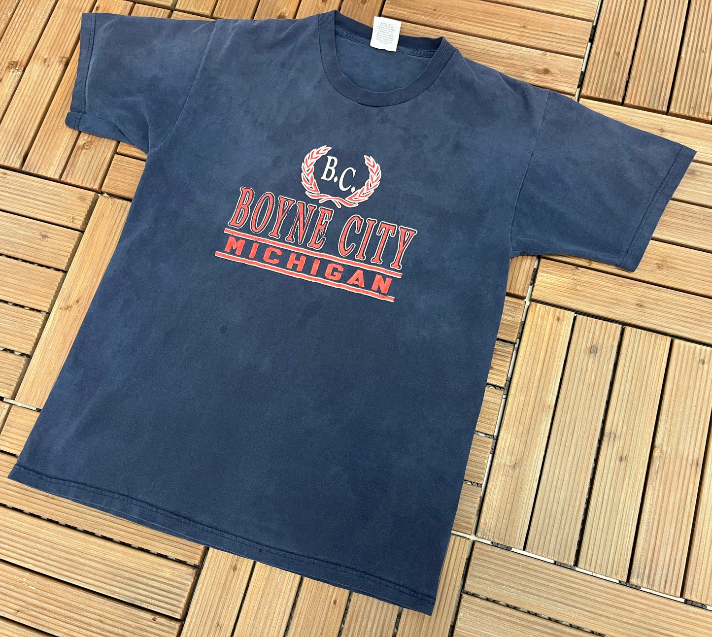 Boyne City, Michigan Graphic Tee | Size Large | Vintage 1990s Promotional Tourist Blue T-Shirt |