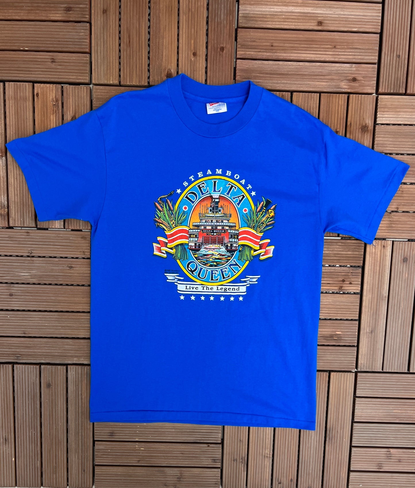 The Delta Queen Steamboat Graphic Tee | Size Large | Vintage 1980s Blue Single Stitch Promotional T-Shirt |