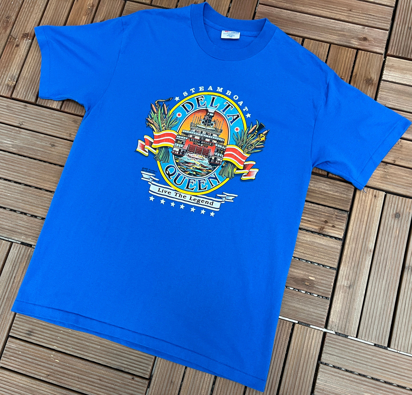 The Delta Queen Steamboat Graphic Tee | Size Large | Vintage 1980s Blue Single Stitch Promotional T-Shirt |