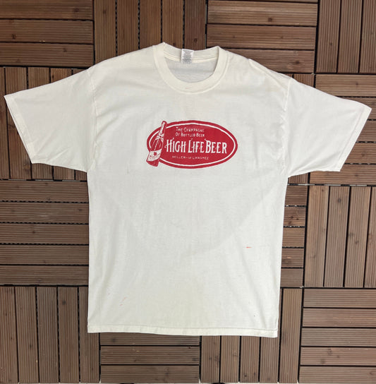 Miller High Life Beer Graphic Tee | Size X-Large | Vintage 2000s White Alcohol Promotional T-Shirt | Free Shipping to USA |