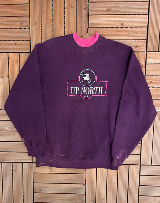 Up North Bird Embroidered Graphic Crewneck | Size Large | Vintage 1990s Animal Graphic Purple Sweater | Made in USA | Free Shipping to USA |